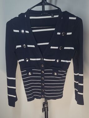 Carlisle Navy and White Striped Double-Breasted V-Neck Sweater Silver Buttons S